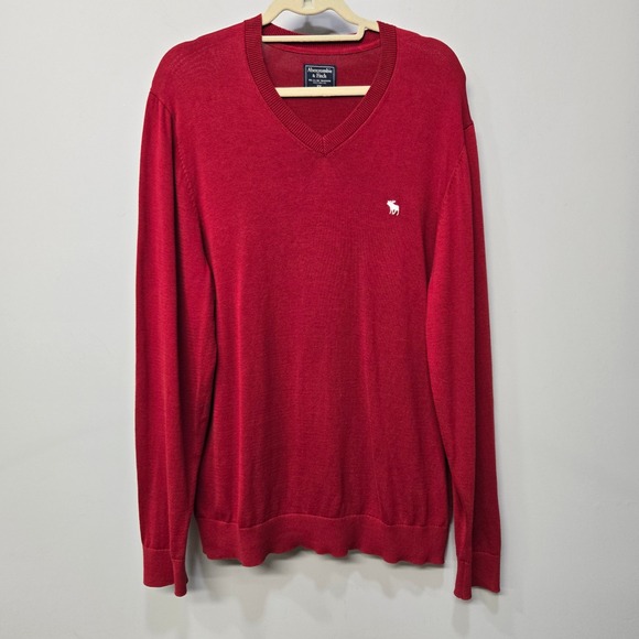 Abercrombie & Fitch V Neck Sweater Men XXL Red 100% Pima Cotton Lightweight Logo - Picture 1 of 7